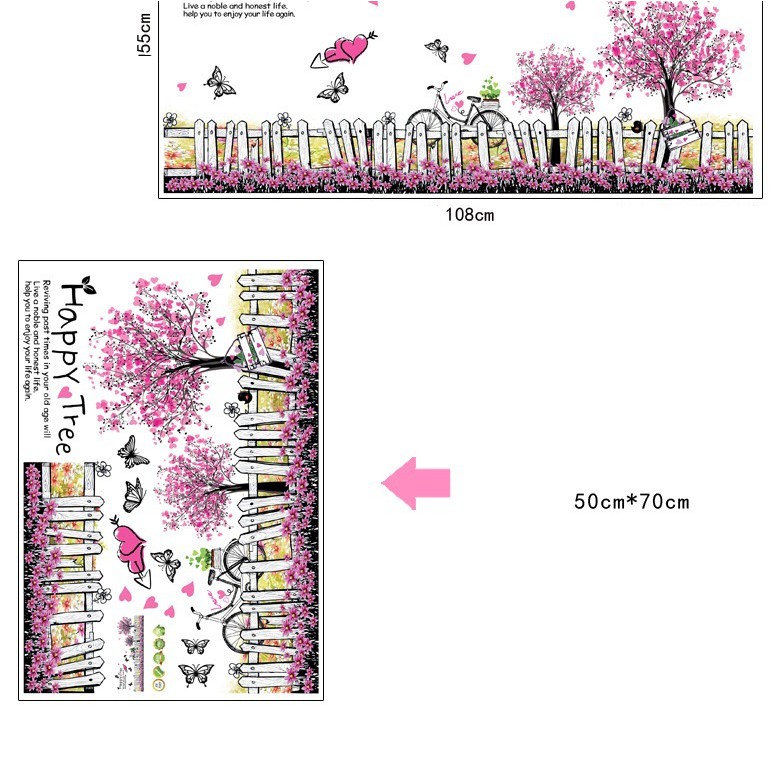 Decal dán tường trang trí quán trà sữa dán chân tường cây xe hoa bướm happytree