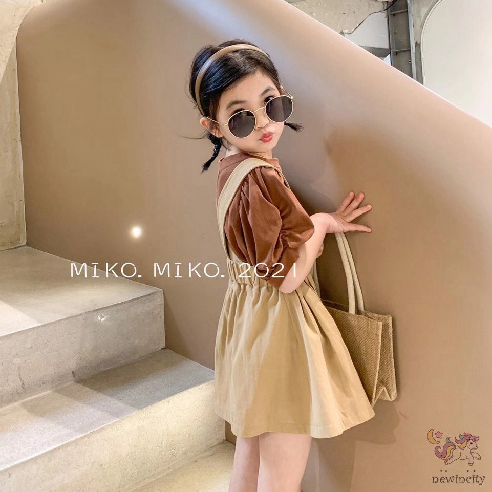 Set áo tay phồng kèm váy yếm phong cách Hàn Quốc thời trang mùa hè cho bé gái