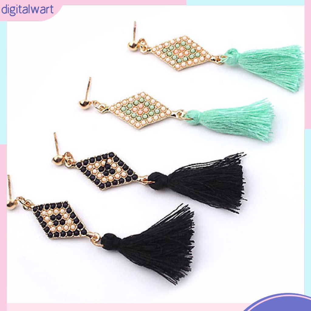 Cặp khuyên tai hình thoi đính đá phối bông tua rua cá tính sang trọng dành cho nữ