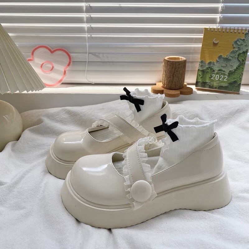 Giày lolita nữ gắn nơ đế cao 4cm,Giày da ulzzang nữ phong cách Hàn Quốc LT80