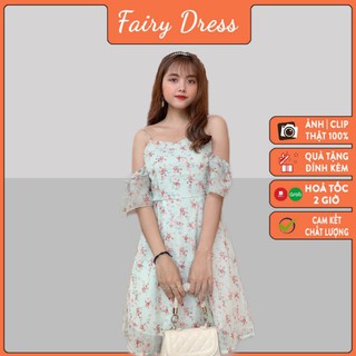 Váy hai dây trễ vai hoa nhí xanh dáng xòe phong cách Hàn Quốc - Fairy Dress
