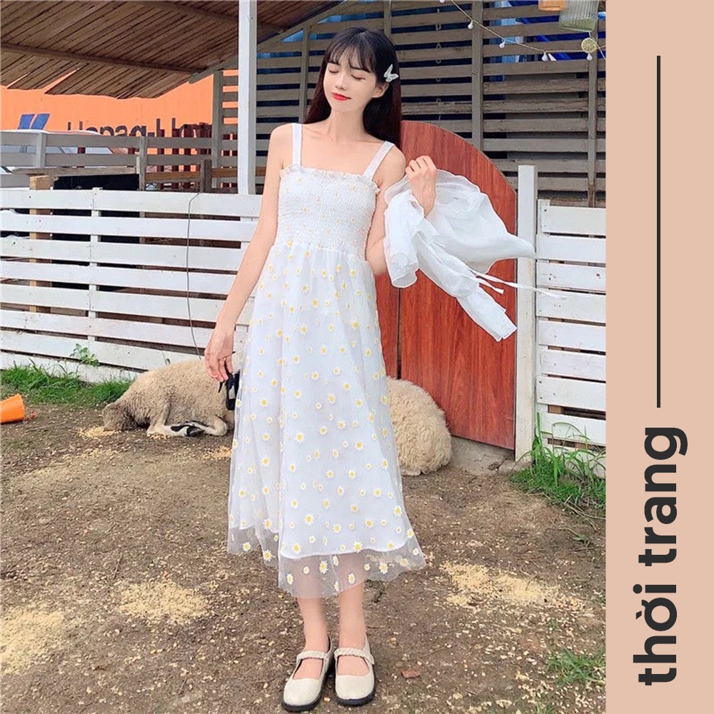 (SẴN) Váy / Đầm 2 dây xòe lưới dáng dài mix áo khoác Cardigan mỏng họa tiết hoa cúc dễ thương V00198 | BigBuy360 - bigbuy360.vn