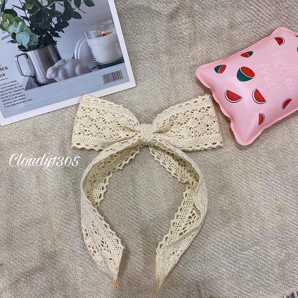 Cài tóc/Bờm tóc ren bảng 6cm nơ đứng