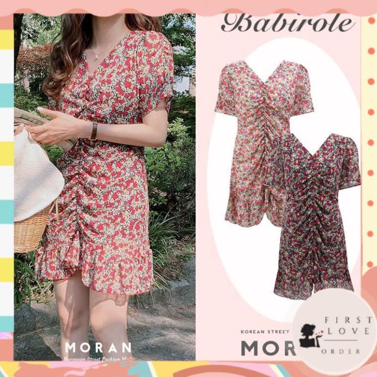 (firstlove ORDER) Váy voan hoa cộc tay MORAN cổ V nhăn nhún xương cá xòe ngắn style Hàn Quốc ngọt ngào 01