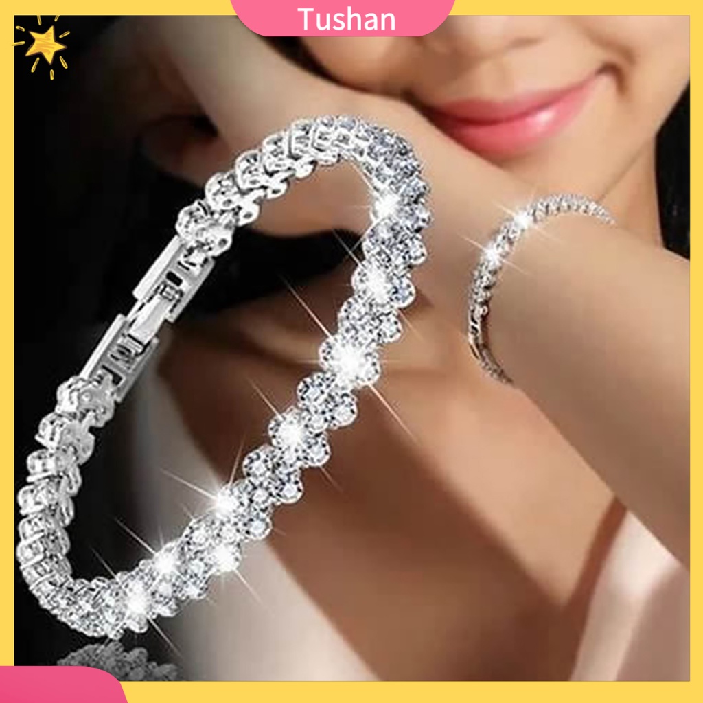 TUSH_Woman Cubic Zircon Rhinestone Inlaid Plated Bracelet Bangle Wrist Jewelry Gift