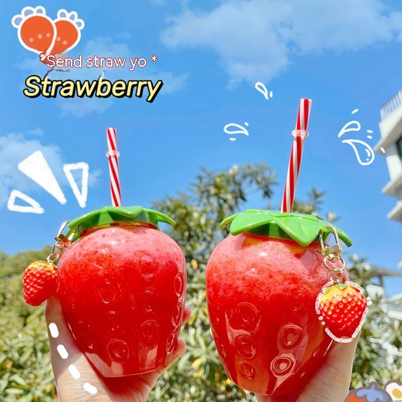 Bình Nước Nhựa Có Ống Hút Họa Tiết Dâu Tây Dễ Thương Cho Nữ Sinh Cốc nhựa cao cấp dâu tây đa dạng có ống hút 500ml Bình nước bằng nhựa trong suốt có nắp và ống hút hình quả dâu tây/quả dứa độc đáo sáng tạo Cốc uống nước hình quả dâu tây dễ thương có ống