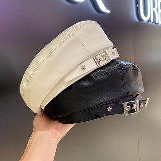 Mũ beret da pu phối khóa kim loại hình ngôi sao phong cách anh quốc cho nữ