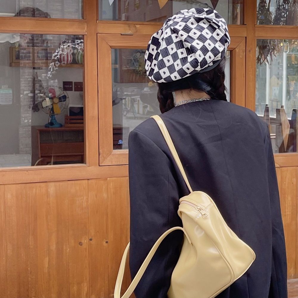 Mũ beret bằng da họa tiết kẻ sọc caro phong cách Hàn Quốc thời trang thu đông cho nữ