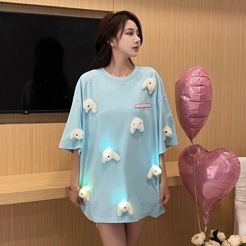 Áo Thun 100% Cotton Nguyên Chất Dáng Rộng In Hình Gấu Thỏ Màu Dạ Quang Phong Cách Pháp Cho Cặp Đôi