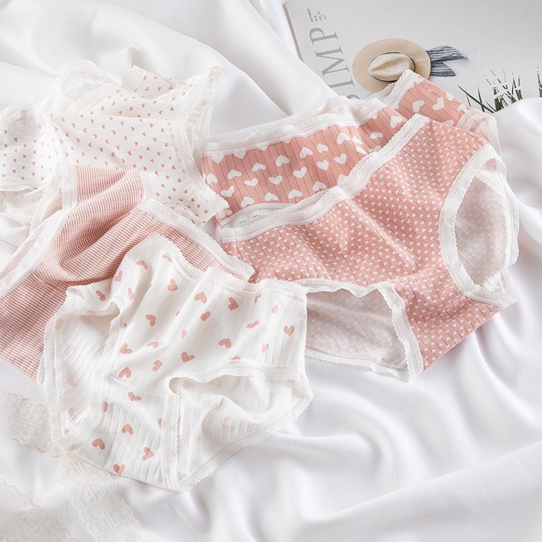 Quần Lót Nữ Cotton Tăm Co Dãn 4 Chiều Tim Hồng Siêu Dễ Thương