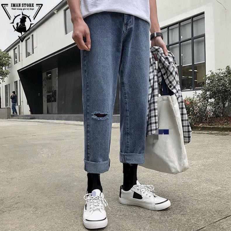 Quần bò jean baggy nam rách 1 gối hot boy hàn quốc 2022
