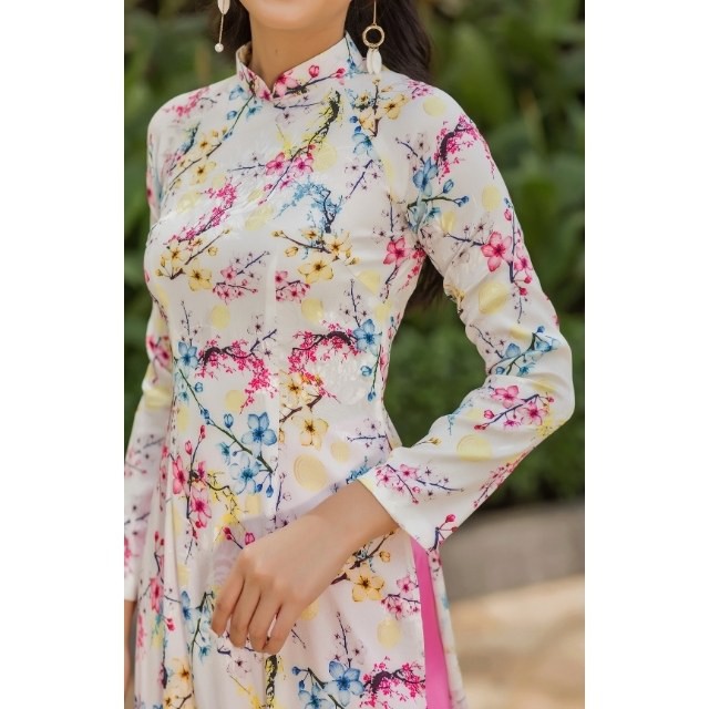 Áo Dài Truyền Thống Nữ Cổ Cao Vải Gấm  Màu Trắng In Hoa Mai Đào Có Nhiều Size - LASENTUS | BigBuy360 - bigbuy360.vn