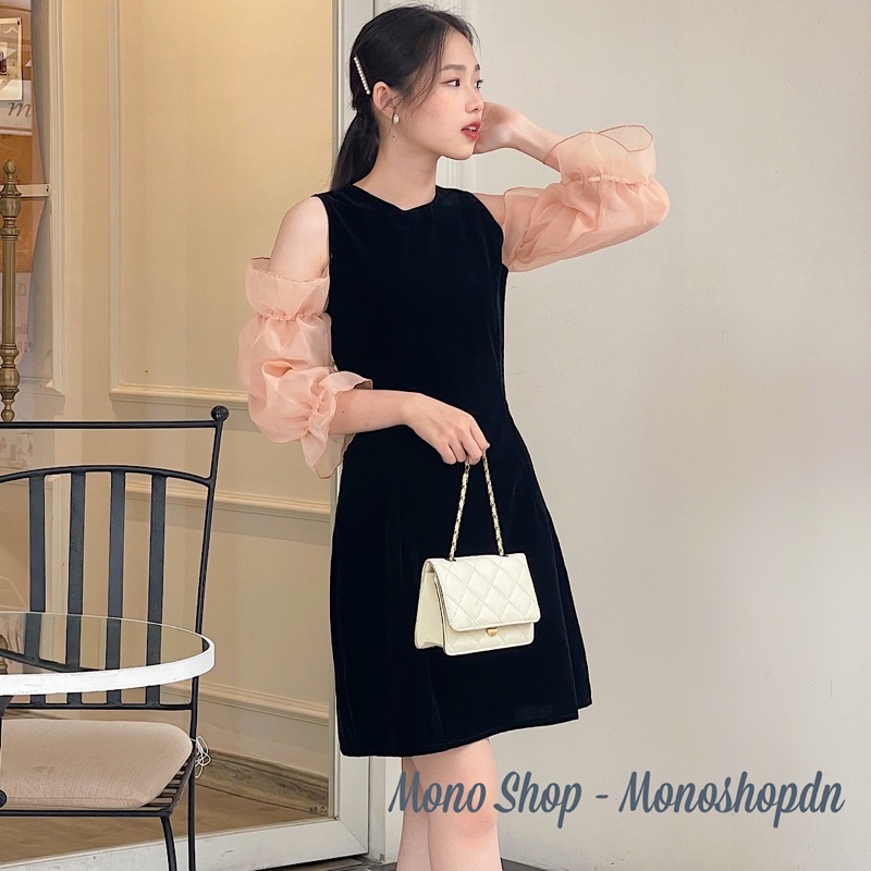 Đầm nhung đen nữ hở vai tay voan hồng dáng xoè nhẹ Ảnh thật/ sẵn | BigBuy360 - bigbuy360.vn
