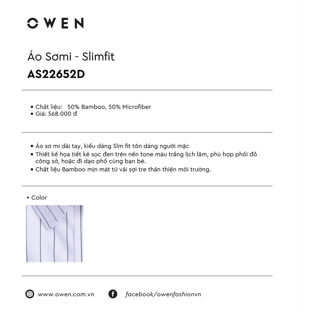 [SIZE 43] OWEN - Áo sơ mi dài tay OWEN SLIMFIT CHẤT SỢI TRE 22652