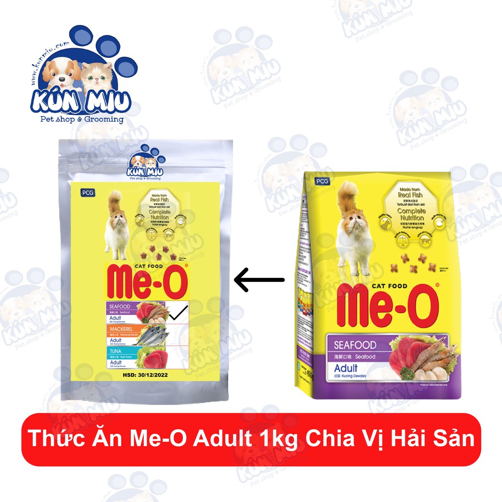 (1kg chia) Thức ăn cho mèo lớn Me-O vị Cá ngừ,Hải sản & Cá thu túi zip 1kg