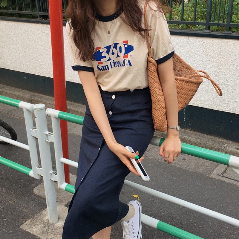 (ORDER) Set chân váy MORAN midi cạp cao dáng dài bút chì+ Áo thun cộc tay viền cổ style Hàn Quốc | BigBuy360 - bigbuy360.vn