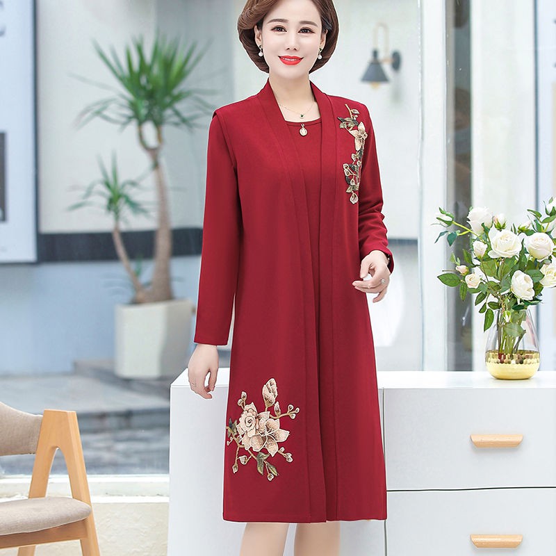 Bộ đồ hai mảnh xuân thu của mẹ, phụ nữ trung niên và cao tuổi, váy dài đến đầu gối
