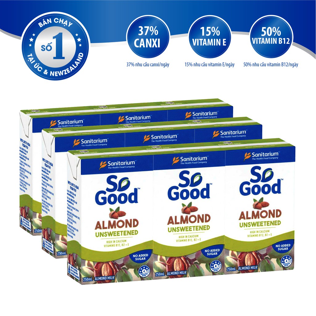 Lốc 3 Sữa hạt hạnh nhân không đường So Good 250ml x3, làm từ hạnh nhân Úc, calo thấp, sản xuất tại Úc