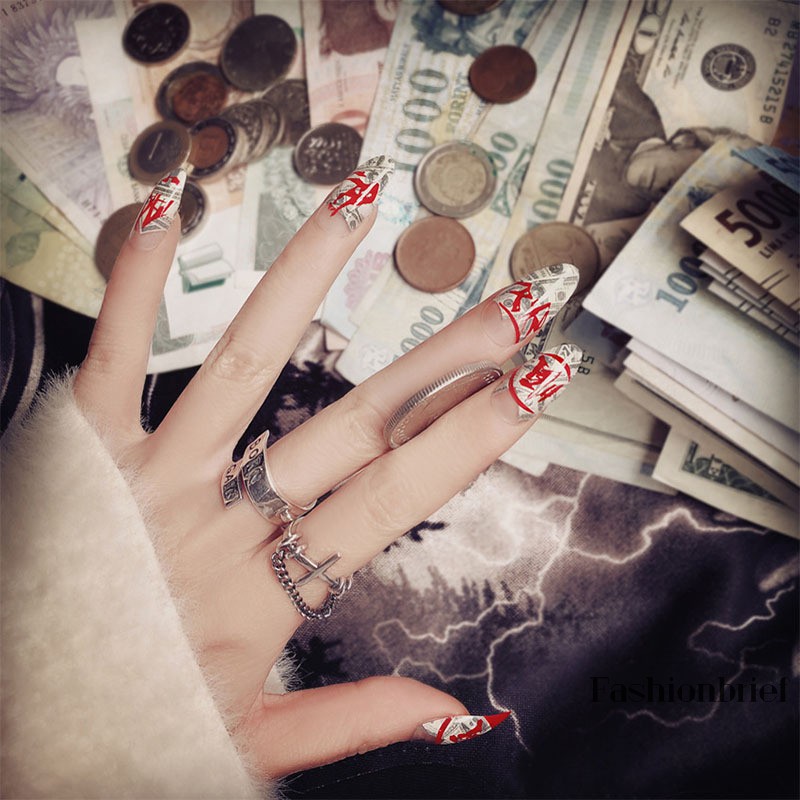 Set 24 móng tay giả họa tiết tiền dollars kèm chai keo dán 2g