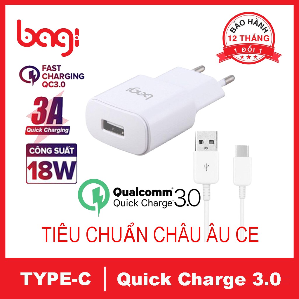 Combo sạc nhanh Bagi Quick Charge 3.0 và dây Type-C - Hàng chính hãng, bảo hành 12 tháng 1 đổi 1