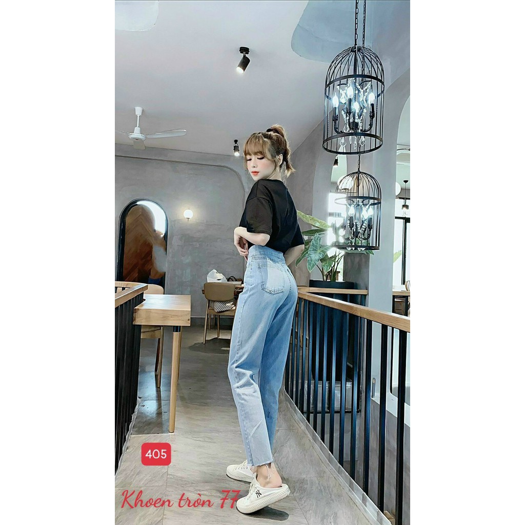 Quần baggy jean nữ ❤️FREESHIP❤️ Quần jeans nữ baggy phối lưng kiểu dáng trơn cạp cao lai tua A-T Fashion - BG405