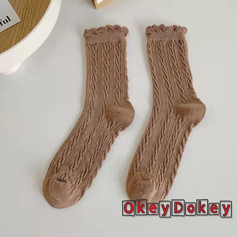 Tất cotton ống cao trung bình phối ren thấm hút mồ hôi thời trang thu đông cho nữ