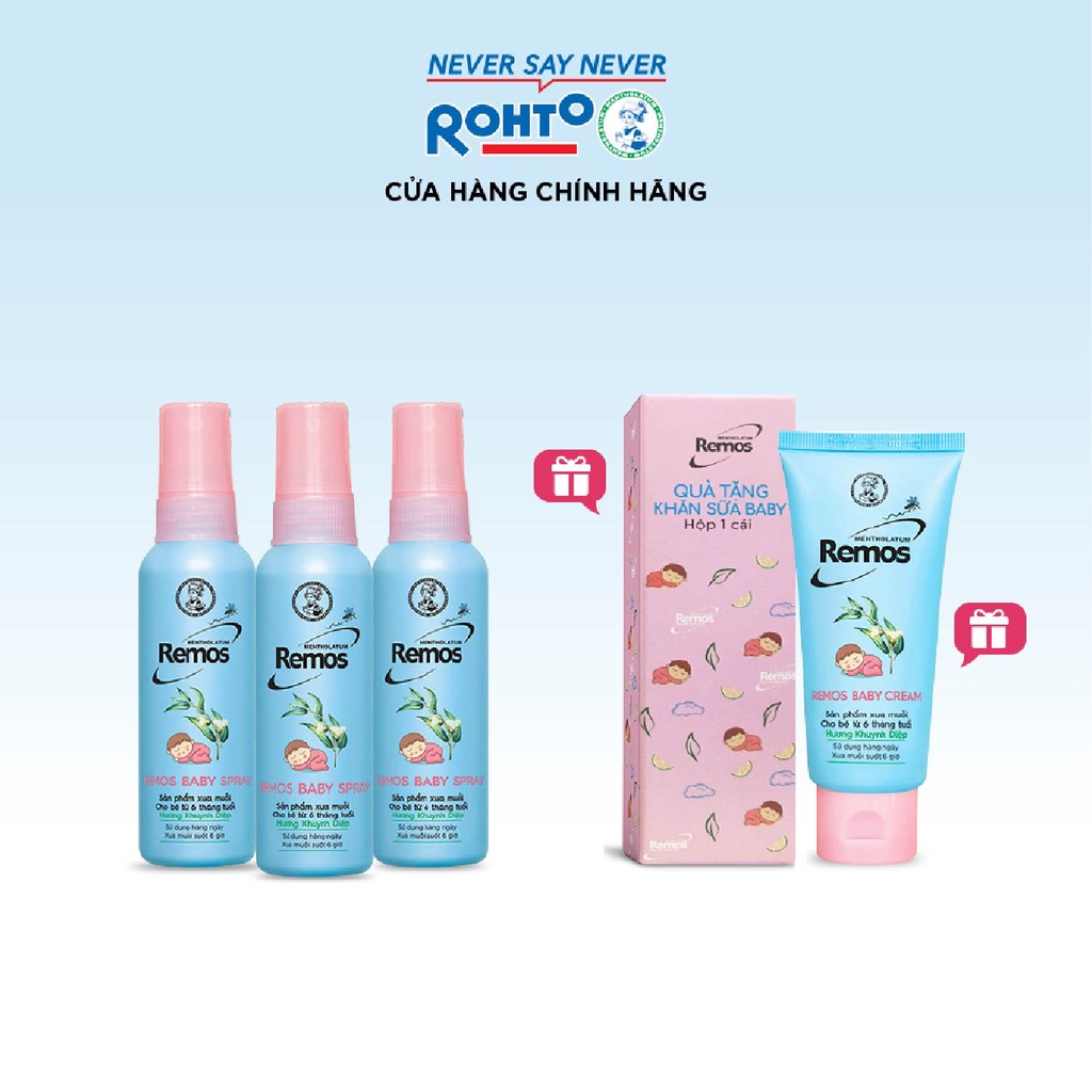 Bộ Remos chống muỗi cho bé:3 chai Remos Baby Spray(60mlx3)+Tặng Kem chống muỗi Remos Baby Cream70g&khăn sữa cho bé