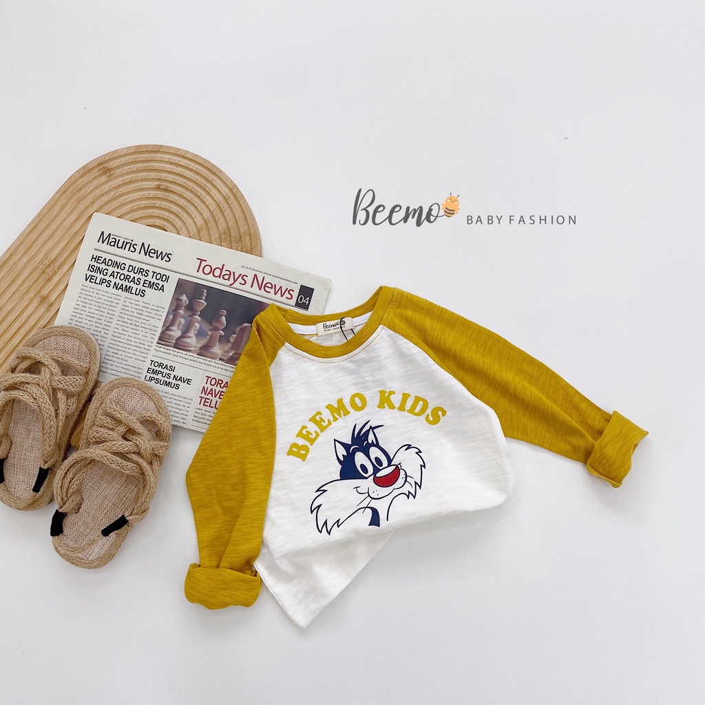 Áo phông dài tay Beemo in hình chú mèo Sylvester raglan 3 màu cho bé trai, bé gái đi học,đi chơi từ 1 đến 7 tuổi -21A014