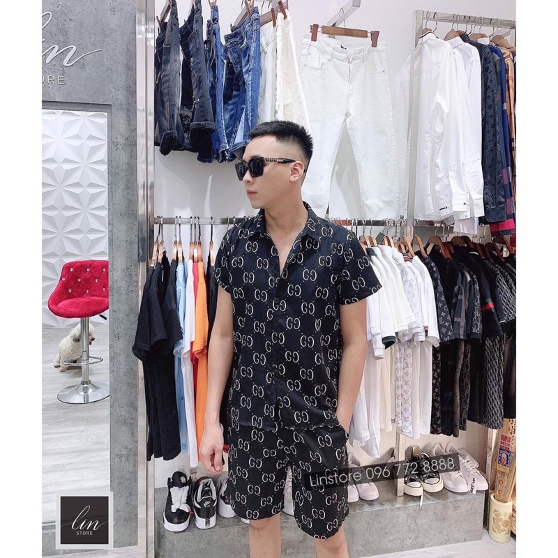 Bộ ngủ nam cộc đùi hoạ tiết gg siêu đẹp chất kate thái mềm mịn thoáng mát - Pijama nam tay cộc quần đùi chất mát