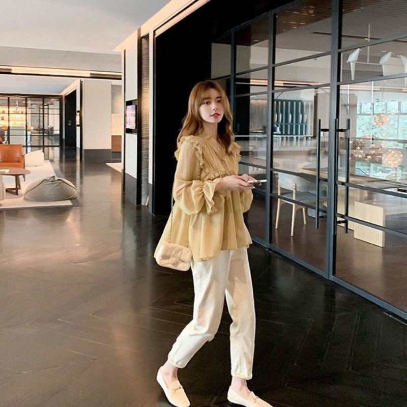 Bộ Đồ Hai Mảnh Áo Vải Voan Thời Trang Xuân Thu Phong Cách Hàn Quốc Dành Cho Bà Bầu