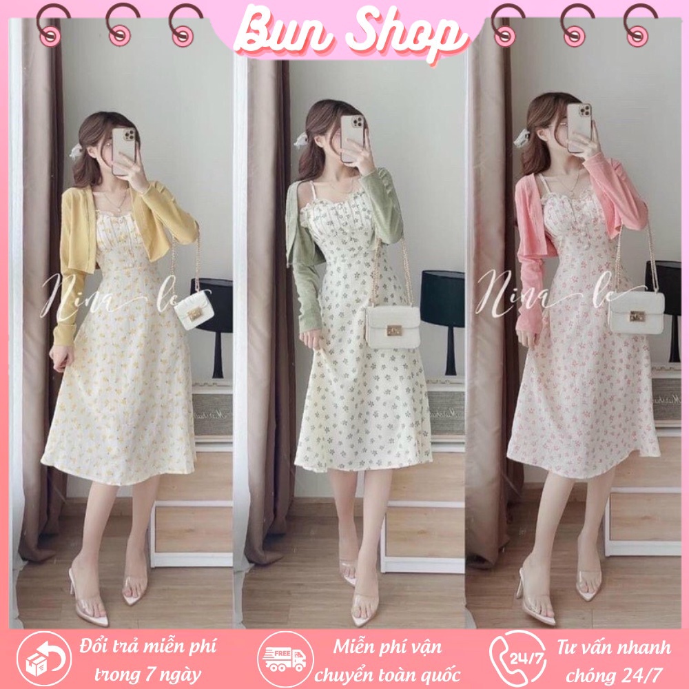 Sét Váy 2 Dây - Váy Hoa Nhí + Áo Cardigan Có mút ngực, Chất đũi lụa mềm mại, ly xếp tỷ mỉ Bun Shop20