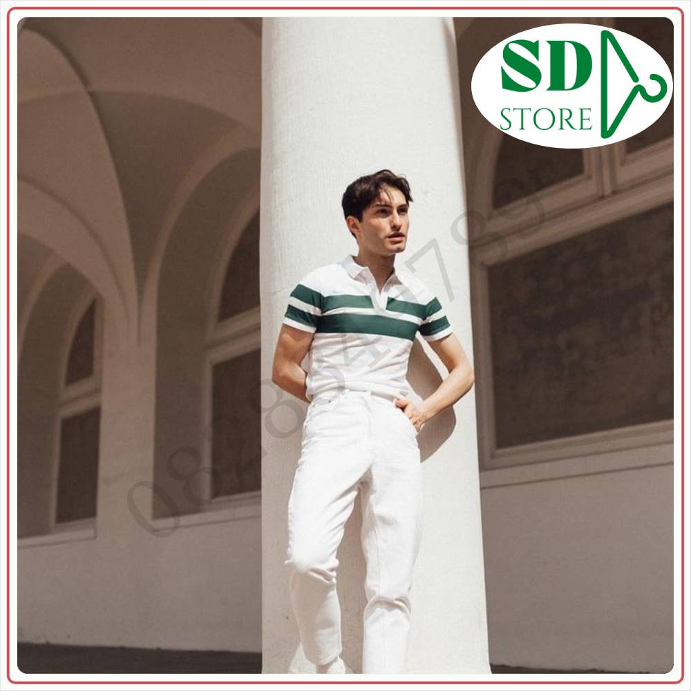 Áo polo nam màu trắng phối kẻ màu trẻ trung, năng động, chất poly cá sấu đẹp