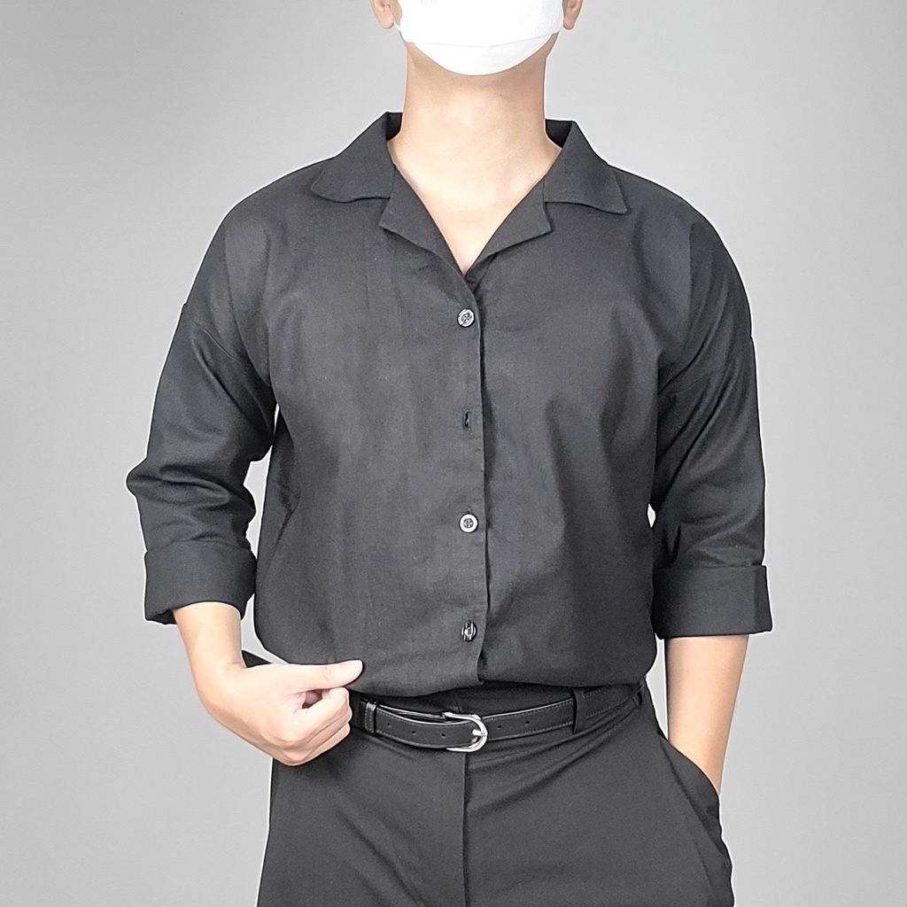 Áo sơ mi nam dài tay cổ cuba, cuban shirt màu xanh hot trend