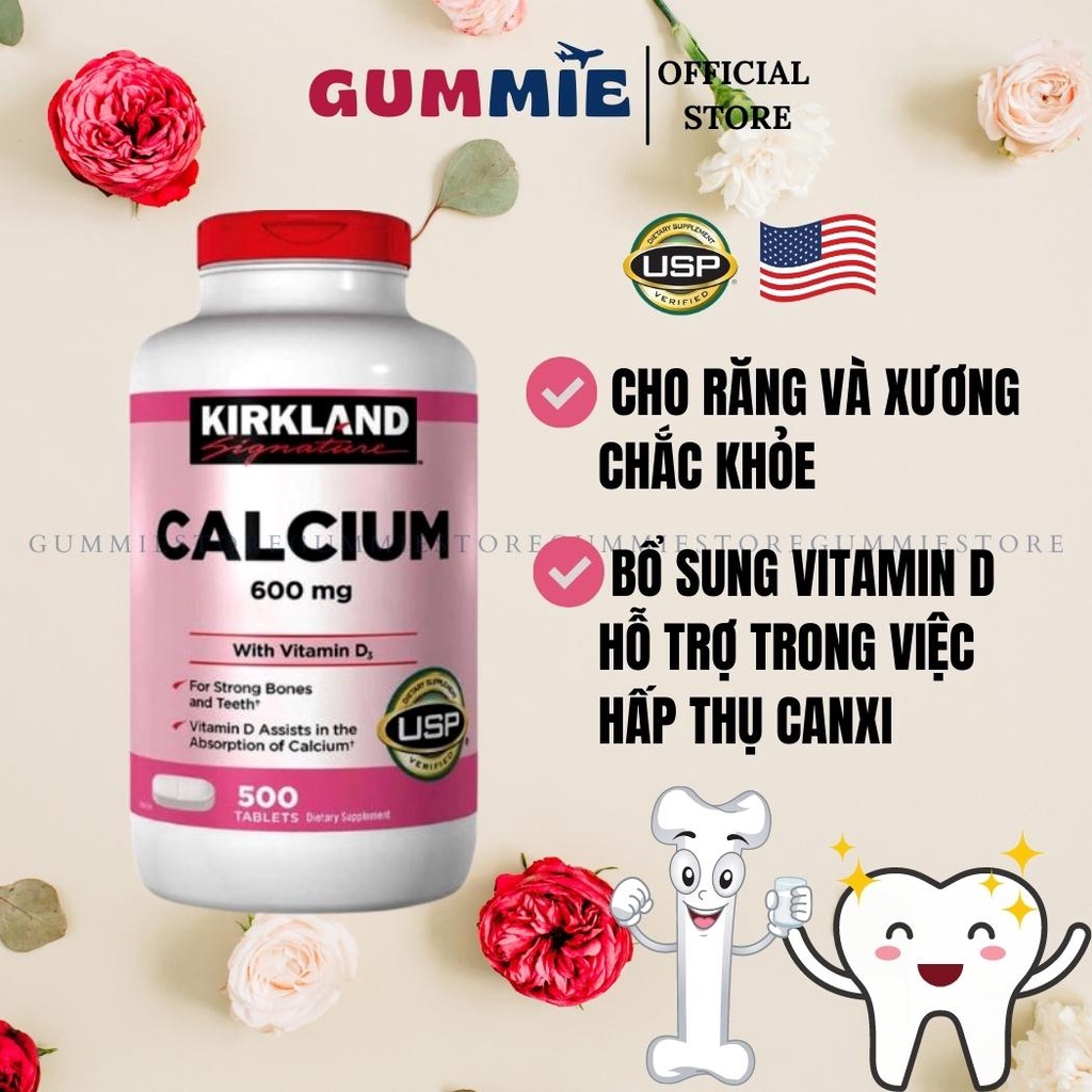 Calcium 600mg + Vitamin D3 Kirkland 500 viên uống Hàng Mỹ AUTH (Date 4/2024)