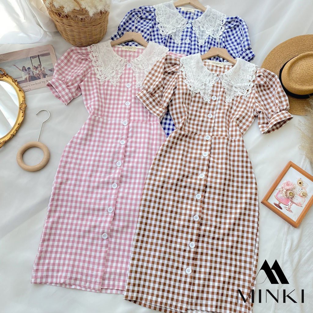 VÁY CARO CỔ REN CHO NỮ -Chất liệu Kaki Cotton nhập khẩu - Họa tiết Caro Hồng - Nâu - Xanh | BigBuy360 - bigbuy360.vn