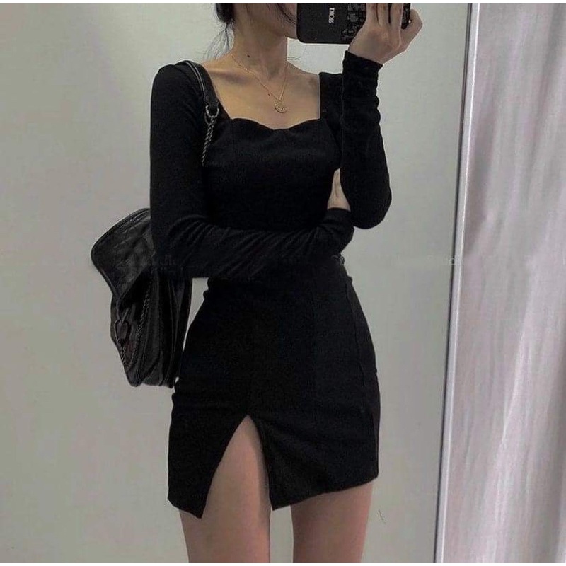 Đầm Body Thun Xẻ Đùi Tay Dài Quyến Rũ Cho Nữ Phong Cách Basic | BigBuy360 - bigbuy360.vn