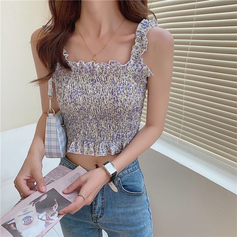 【ZHELIHANGFEI】 / Áo Hai Dây Họa Tiết Hoa Gấp Gọn Eo Hẹp Eo Quyến Rũ Cho Nữ