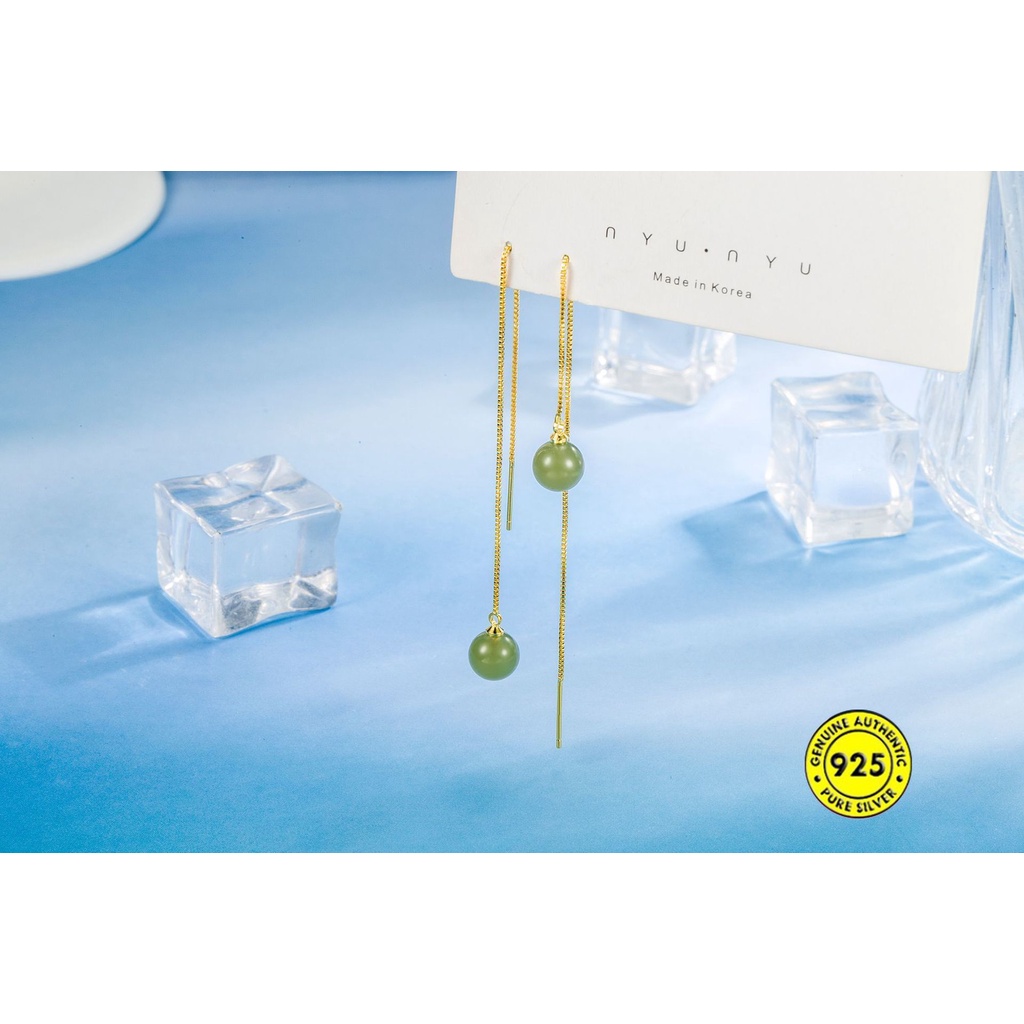 Khuyên Tai Bạc Dáng Dài Đính Hạt Tròn 8mm Thời Trang Cho Nữ