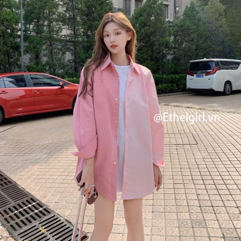 Áo Sơ Mi Chống Nắng Tay Dài Dáng Rộng Màu Tương Phản Thời Trang Hàn Quốc Cho Nữ