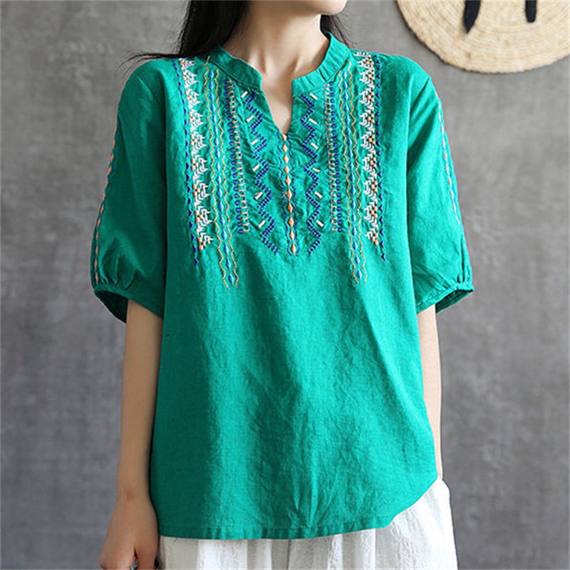 Áo Thun 100% Cotton Tay Ngắn Cổ Chữ v Họa Tiết Thêu Đơn Giản Thời Trang Mùa Hè Phong Cách Mới