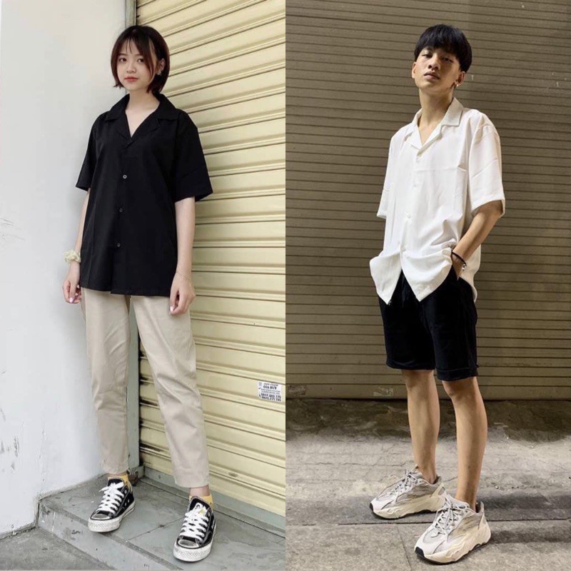 Áo sơ mi tay ngắn - Áo sơ mi nữ, nam cổ vest unisex 2 màu đen trắng HOMIES