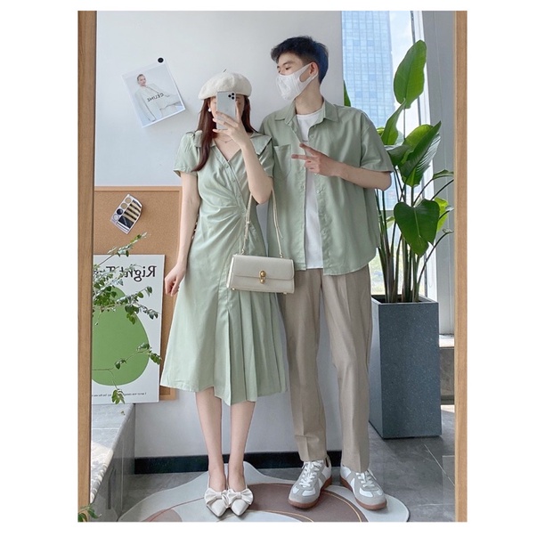 Áo đôi nam váy nữ nhún eo xếp ly màu xanh