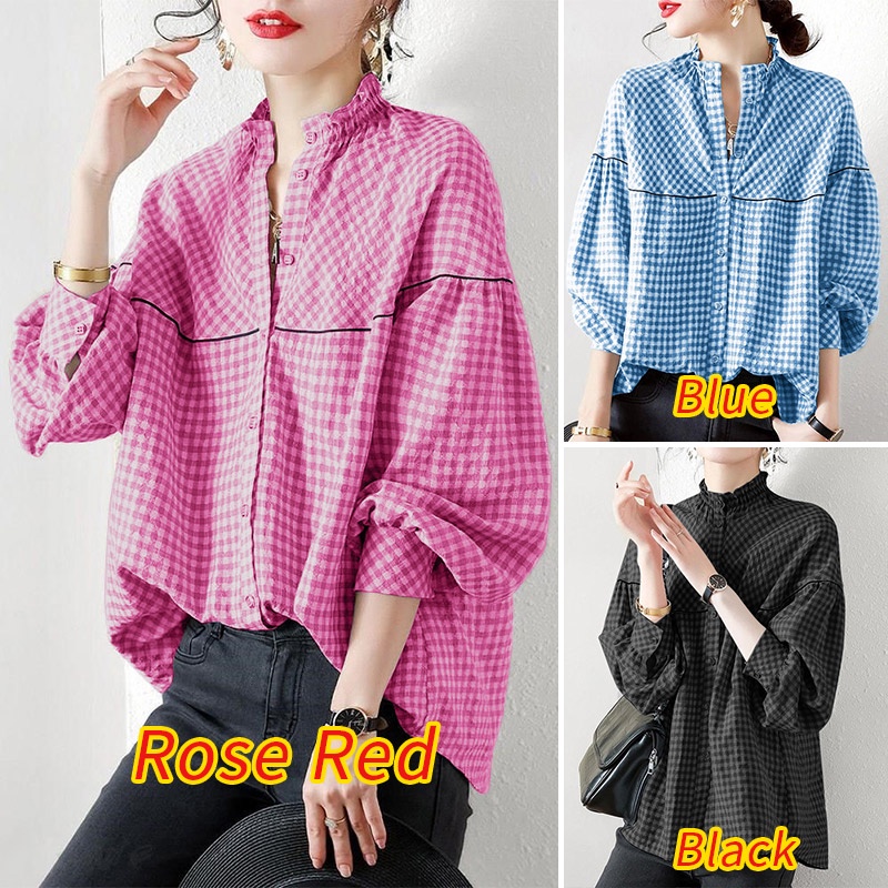 Áo kiểu ZANZEA cổ tròn dáng rộng in họa tiết sọc ca rô phối nút cài thời trang công sở dành cho nữ