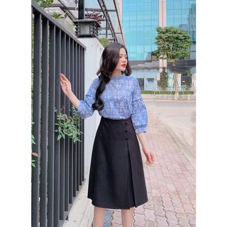 Chân váy midi dáng dài chân váy công sở dài qua gối 1 li phối 3 cúc ốp 68cm