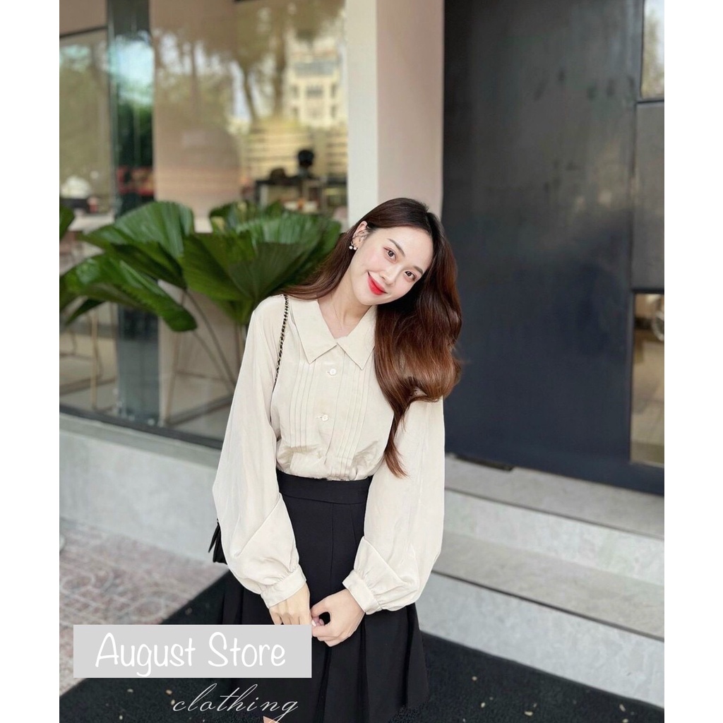 Áo sơ mi dập ly màu be dài tay chất thô mát trẻ trung