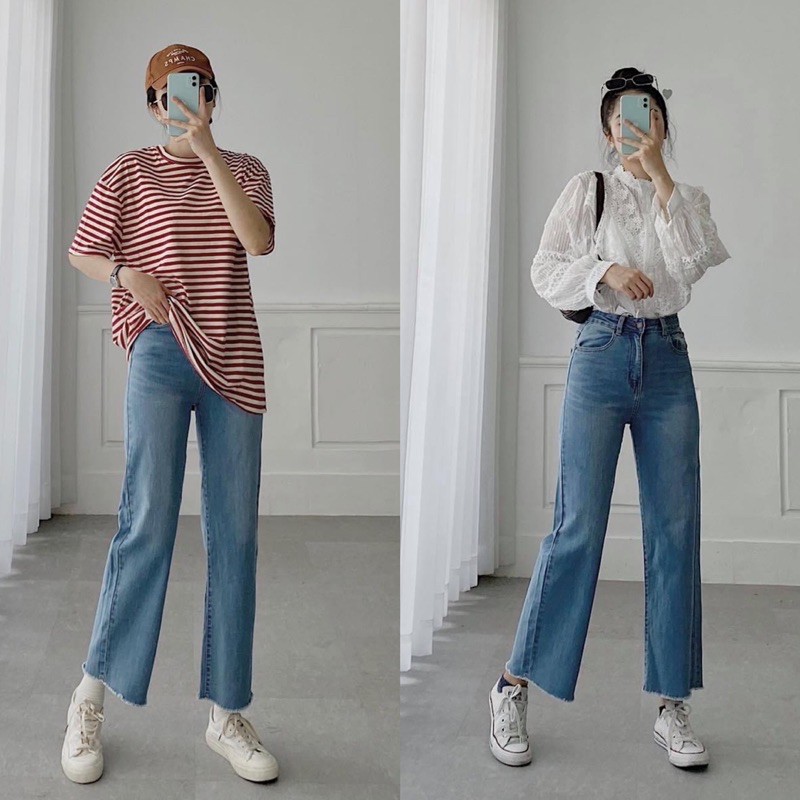 Quần Jeans Culottes Ống Rộng Lai Tua Lưng Cao 9 Tấc Xuất Xịn