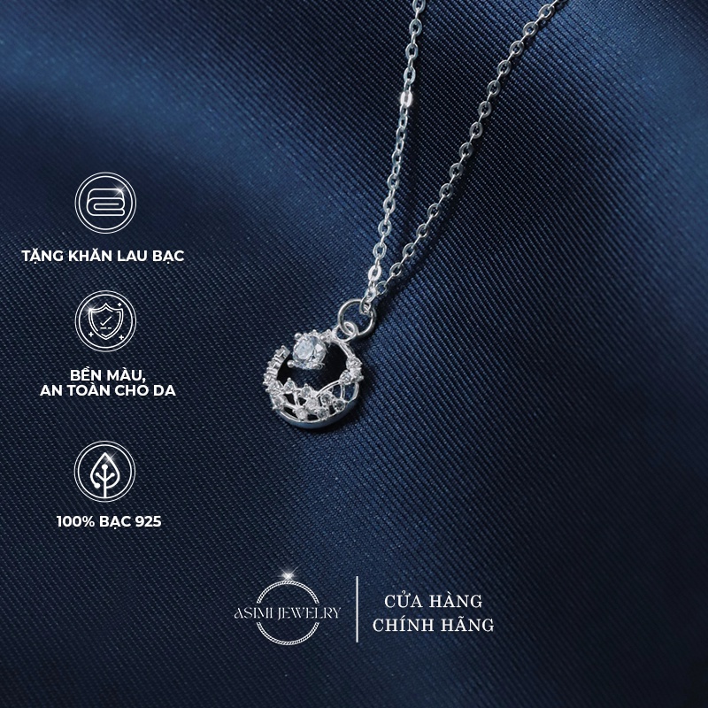 Dây chuyền nữ bạc Ý điêu khắc mặt trăng Asimi, dây chuyền bạc khắc tinh xảo đính đá sang trọng quý phái Moon Stone DC04