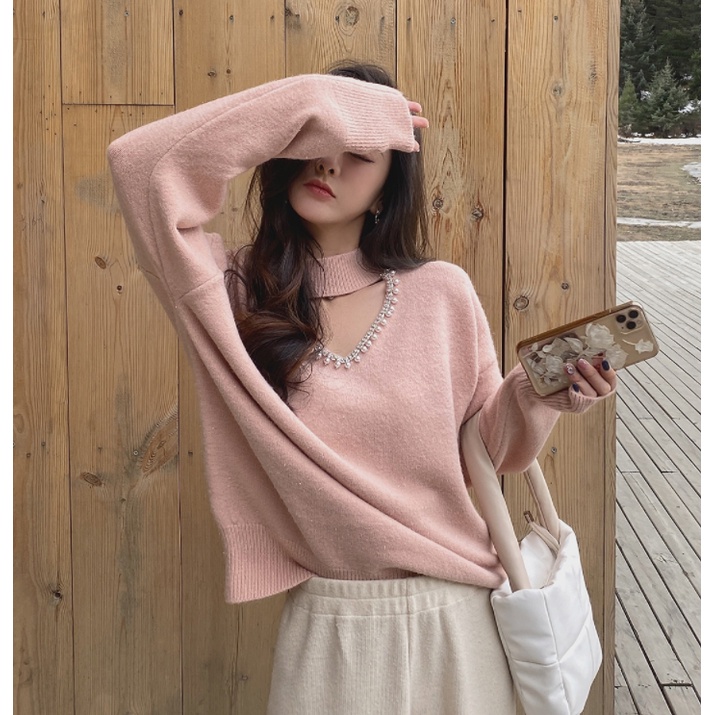 Áo sweater Dệt Kim Dáng Rộng Cổ Trái Tim Phối Ren Đính Hạt Ngọc Trai Thời Trang Thu Đông Kiểu Mới 2022