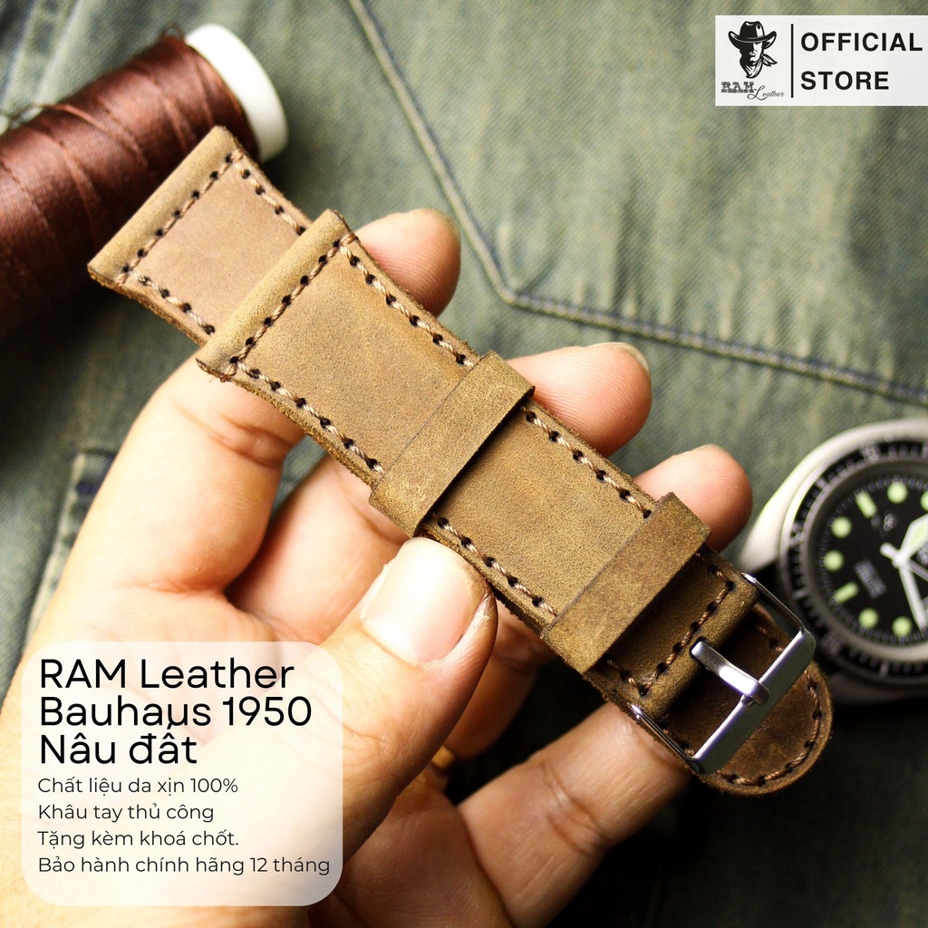 Dây Đồng Hồ Thủ Công Da Thật RAM Leather Bauhaus 1950 Da Bò Màu Nâu Đất Kiểu Tối Giản Bền Đẹp