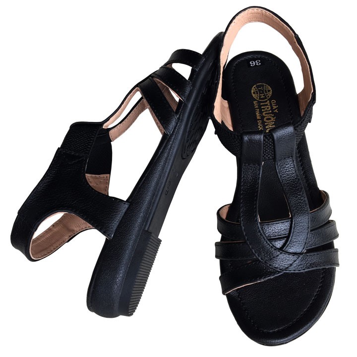 Dép quai hậu nữ đế bằng Trường Hải da bò thật màu đen đế cao 2.5cm SDN746